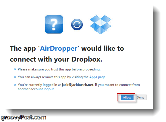 AirDropper Dropbox - connectez l'application à Dropbox
