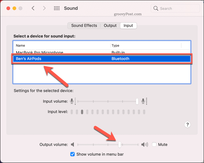Définition des AirPods comme périphérique audio d'entrée sur Mac