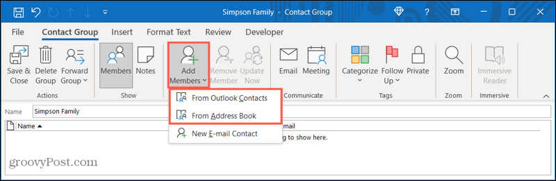 Ajouter des membres à un nouveau groupe de contacts dans Outlook