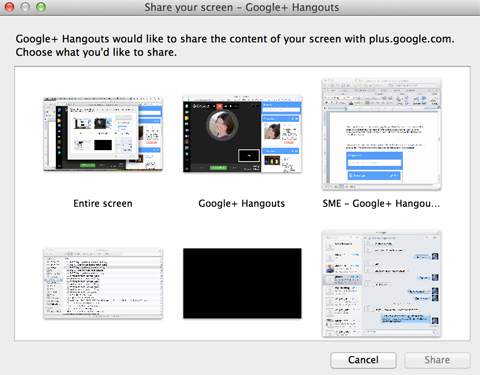 options de partage d'écran de google + hangouts