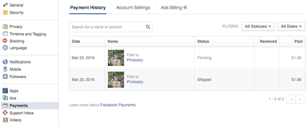 les clients voient les commandes dans la section des paiements des paramètres de Facebook