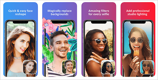 Facetune 2 est un moyen facile de retoucher vos selfies. L'aperçu de l'iTunes App Store montre comment l'application ajuste un visage, remplace un arrière-plan, filtre la couleur et résout les problèmes d'éclairage.
