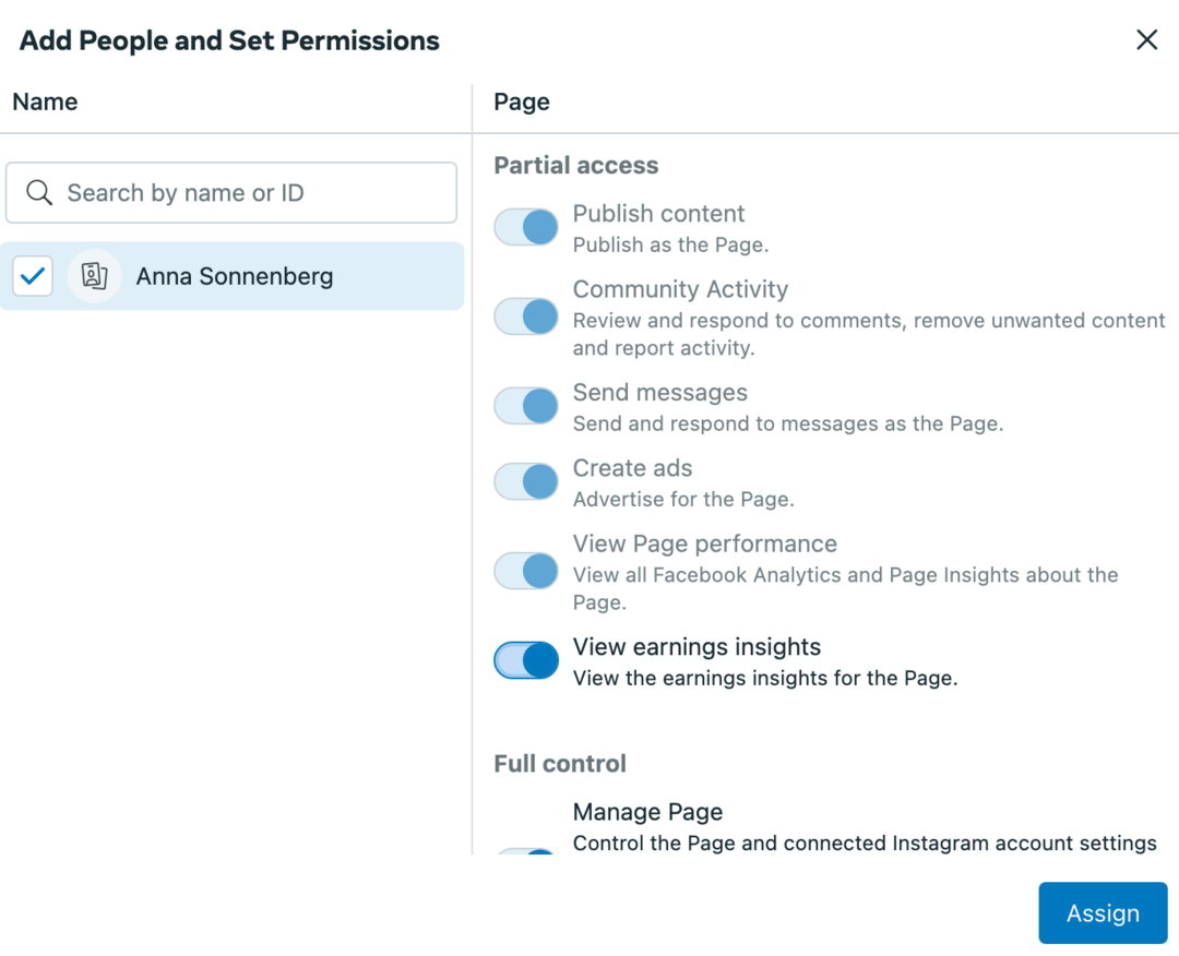 image de l'écran App People and Set Permissions dans Meta Business Suite