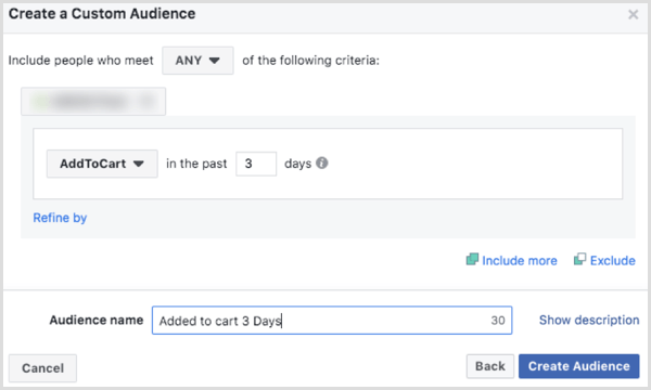 Choisissez des options pour créer une audience personnalisée Facebook basée sur l'événement AddToCart