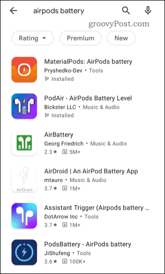 Une liste des applications tierces d'état des AirPods dans le Google Play Store