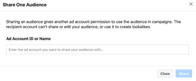 Le gestionnaire de publicités facebook partage une audience personnalisée> partage un menu d'audience avec la possibilité d'ajouter un identifiant ou un nom de compte publicitaire