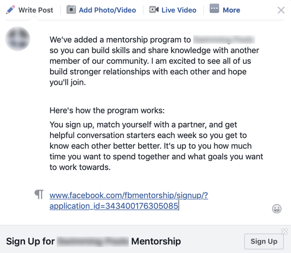 Comment améliorer votre communauté de groupe Facebook, exemple d'annonce de groupe pour un programme de mentorat Facebook