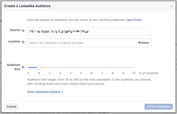 Définissez la taille d'audience similaire à Facebook. Vous pouvez contrôler la taille avec un curseur qui apparaît lorsque vous créez l'audience.