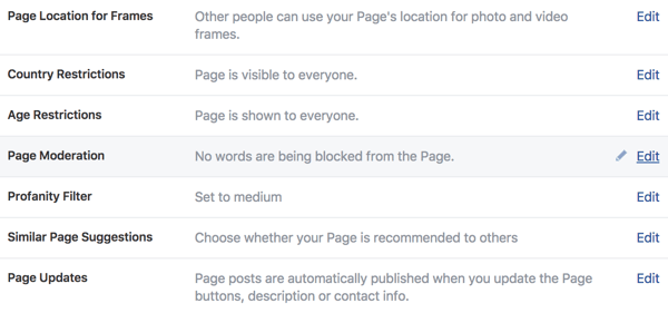 Utilisez la zone Paramètres généraux pour gérer le contrôle de votre nouvelle page professionnelle Facebook.