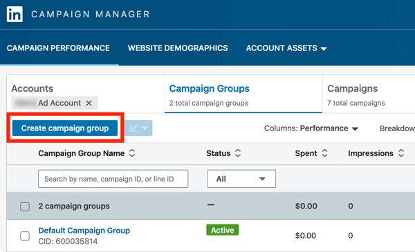 Comment créer une annonce textuelle LinkedIn, étape 2, créer des groupes de campagne