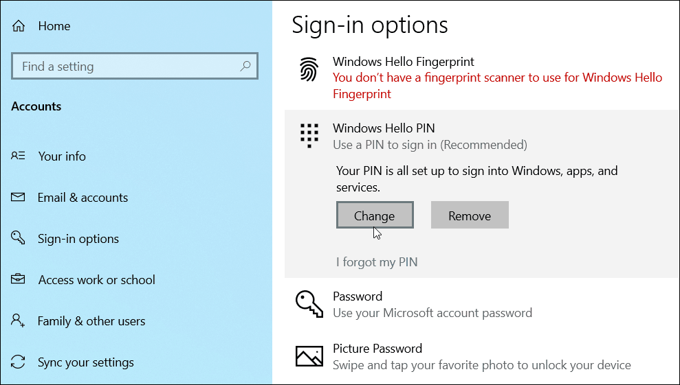 changer ajouter PIN Windows 10