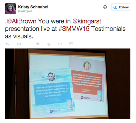 kristyivd tweet de la diapositive de témoignage de la session de kim garst à smmw15