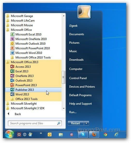 les deux versions Office Démarrer Windows 7