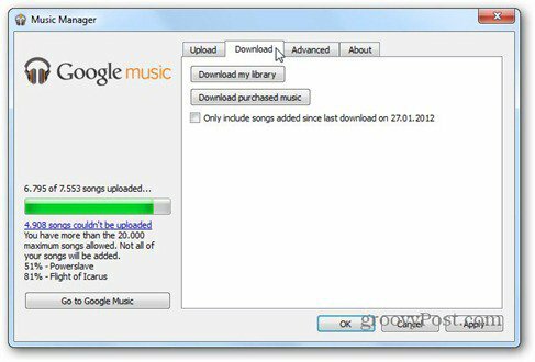 onglet de téléchargement de musique google