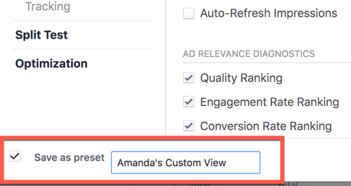 Enregistrement d'une vue de rapport personnalisée dans Facebook Ads Manager.