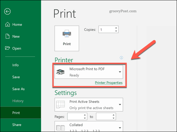 Option d'impression sur imprimante PDF dans Excel