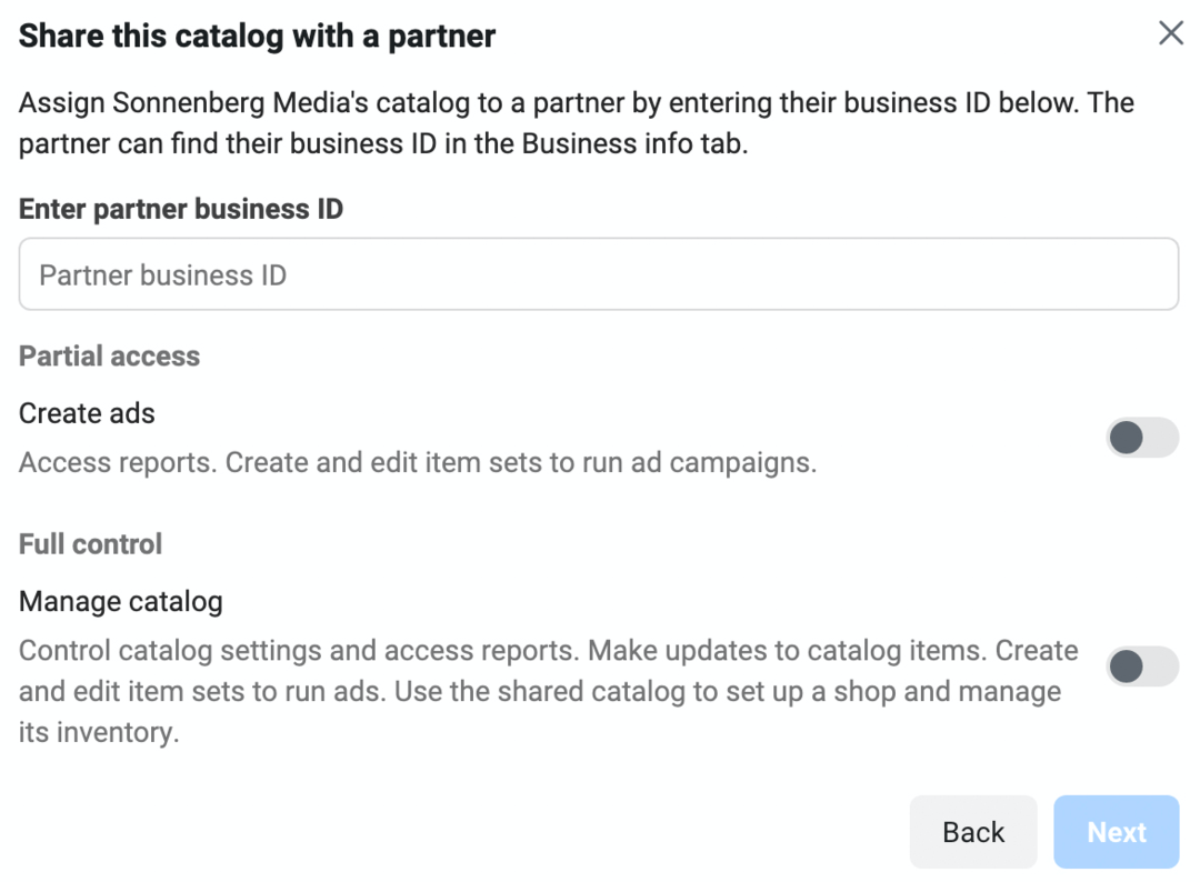 image de l'écran Partager ce catalogue avec un partenaire dans Meta Business Manager