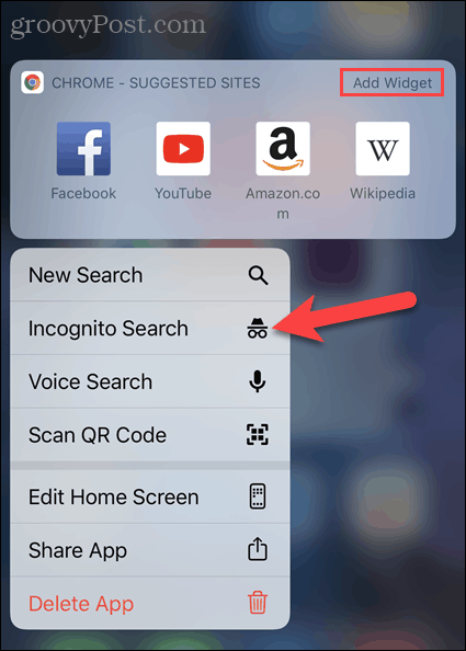 Appuyez sur Nouvel onglet de navigation privée à partir de l'icône de l'application Chrome sur iOS