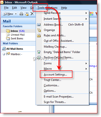 Ouvrir les paramètres du compte dans Outlook 2007