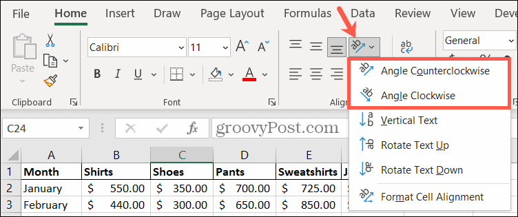 Choisissez un angle d'orientation dans Excel pour faire pivoter le texte