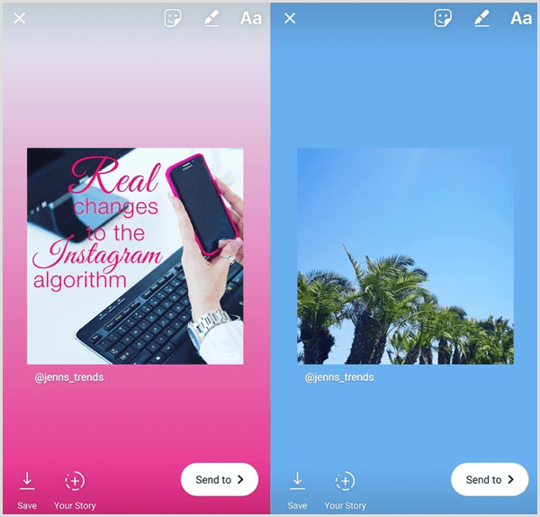 Une publication transférée dans votre histoire Instagram montre la publication originale sous la forme d'une image carrée avec le nom d'utilisateur du compte en dessous.