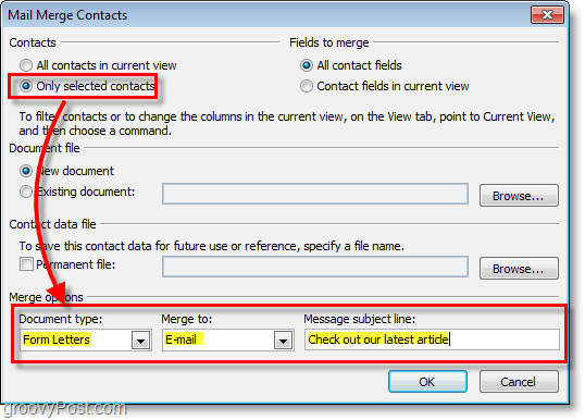 Capture d'écran d'Outlook 2010 - assurez-vous que les options sont correctes sous les contacts de fusion et publipostage