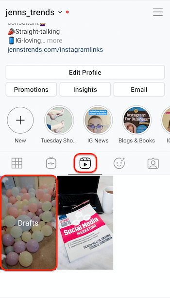 capture d'écran de l'onglet des bobines d'instagram sur un profil montrant l'espace réservé pour les brouillons de bobines