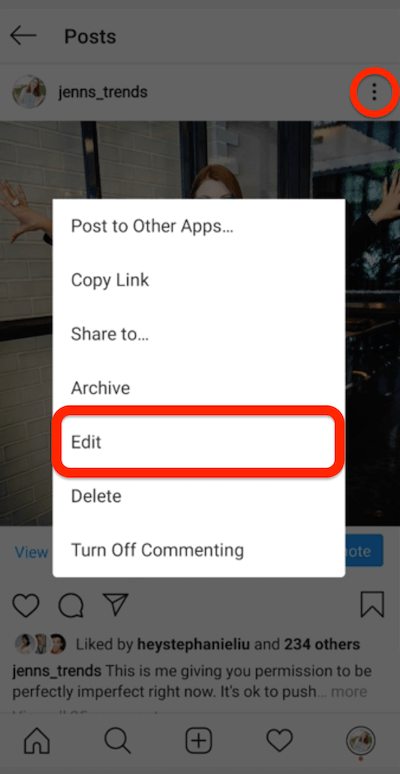 menu à trois points pour un post instagram montrant la possibilité de modifier le post