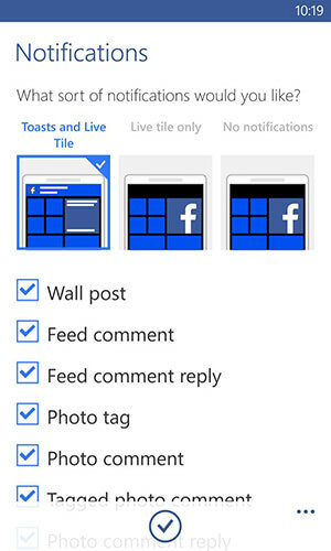 application facebook pour les options de notifications Windows