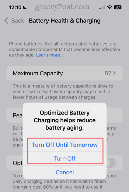 Désactivez les options de chargement optimisé de la batterie sur iPhone
