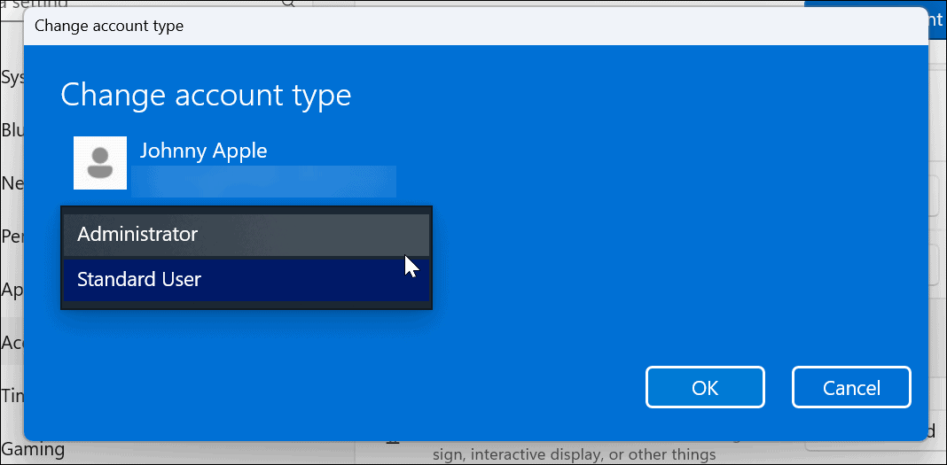 Changer le type de compte sur Windows 11