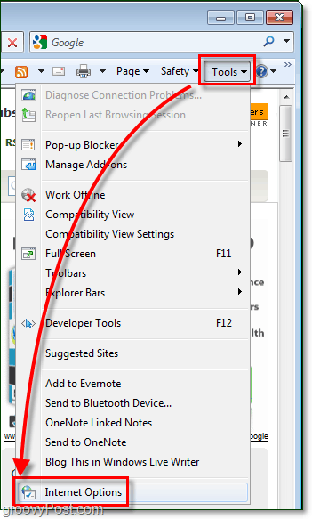 accéder au menu d'options dans IE8