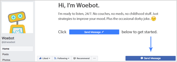 Le bouton Envoyer un message sur la page Facebook de Woebot.