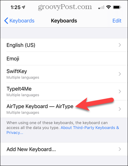 Appuyez sur Clavier AirType dans la liste des claviers iPhone