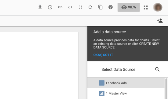 Utilisez Google Data Studio pour analyser vos publicités Facebook, étape 7, option pour sélectionner votre source de données comme connecteur Facebook Ads