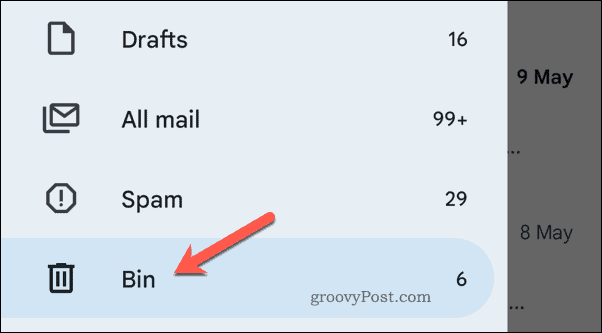 Ouvrir la corbeille dans Gmail sur mobile
