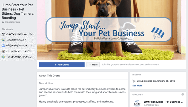 Comment utiliser les fonctionnalités des groupes Facebook, exemple de groupe pour Jump Start Your Pet Business