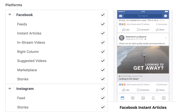 Options de placement de campagne Facebook