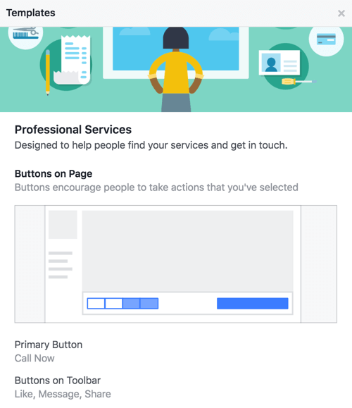 Découvrez quels boutons et appels à l'action sont fournis avec le modèle de votre page Facebook.