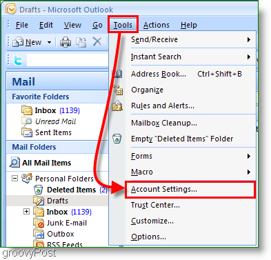 Capture d'écran du calendrier Outlook 2007 - Paramètres du compte