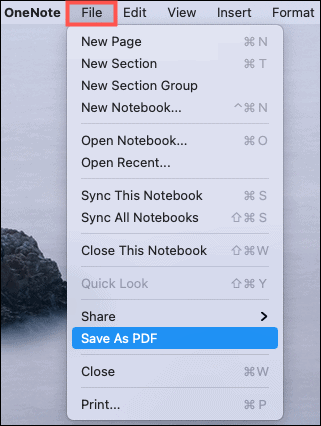 Enregistrer au format PDF OneNote Mac