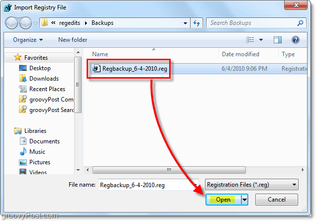 Registre restaurer la sélection dans Windows 7 et Vista pour l'importation