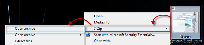Menu contextuel de Windows 7 utilisant 7-zip