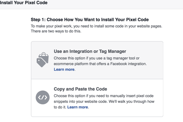 Choisissez la méthode que vous souhaitez utiliser pour installer le pixel Facebook.