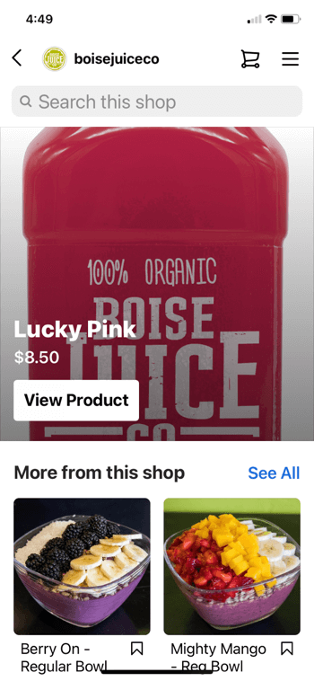 exemple d'achat de produits instagram de @boisejuiceco montrant un rose chanceux pour 8,50 $ et moins de ce le magasin apparaît un bol ordinaire de baies et un puissant bol régulier à la mangue avec la possibilité de rechercher dans le magasin