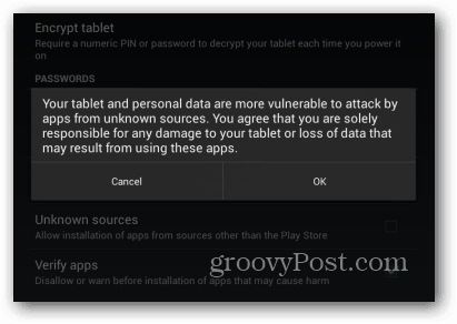 Message d'avertissement Android