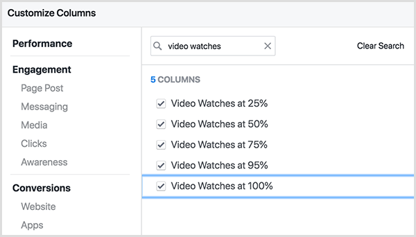 L'écran Personnaliser les colonnes de Facebook Ads Manager comporte un champ de recherche en haut. Le terme de recherche Montres vidéo est entré dans la zone de recherche et les résultats sont des montres vidéo à 25 pour cent, des montres vidéo à 50 pour cent, et ainsi de suite, y compris 75 pour cent, 95 pour cent et 100 pour cent.