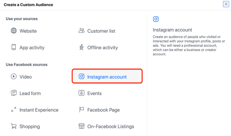 Le gestionnaire d'annonces Facebook crée un menu d'audience personnalisé avec l'option de compte instagram en surbrillance