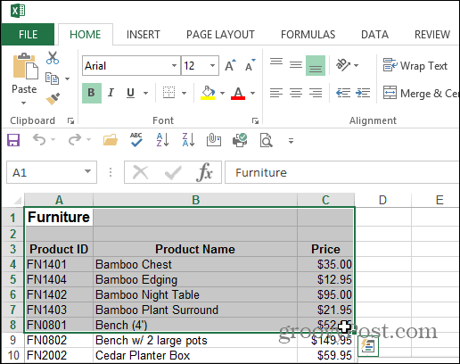 Sélectionner un document Excel de zone