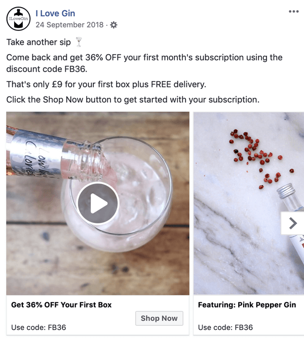 Comment créer des publicités Facebook, étape 8, exemple de création publicitaire par I Love Gin